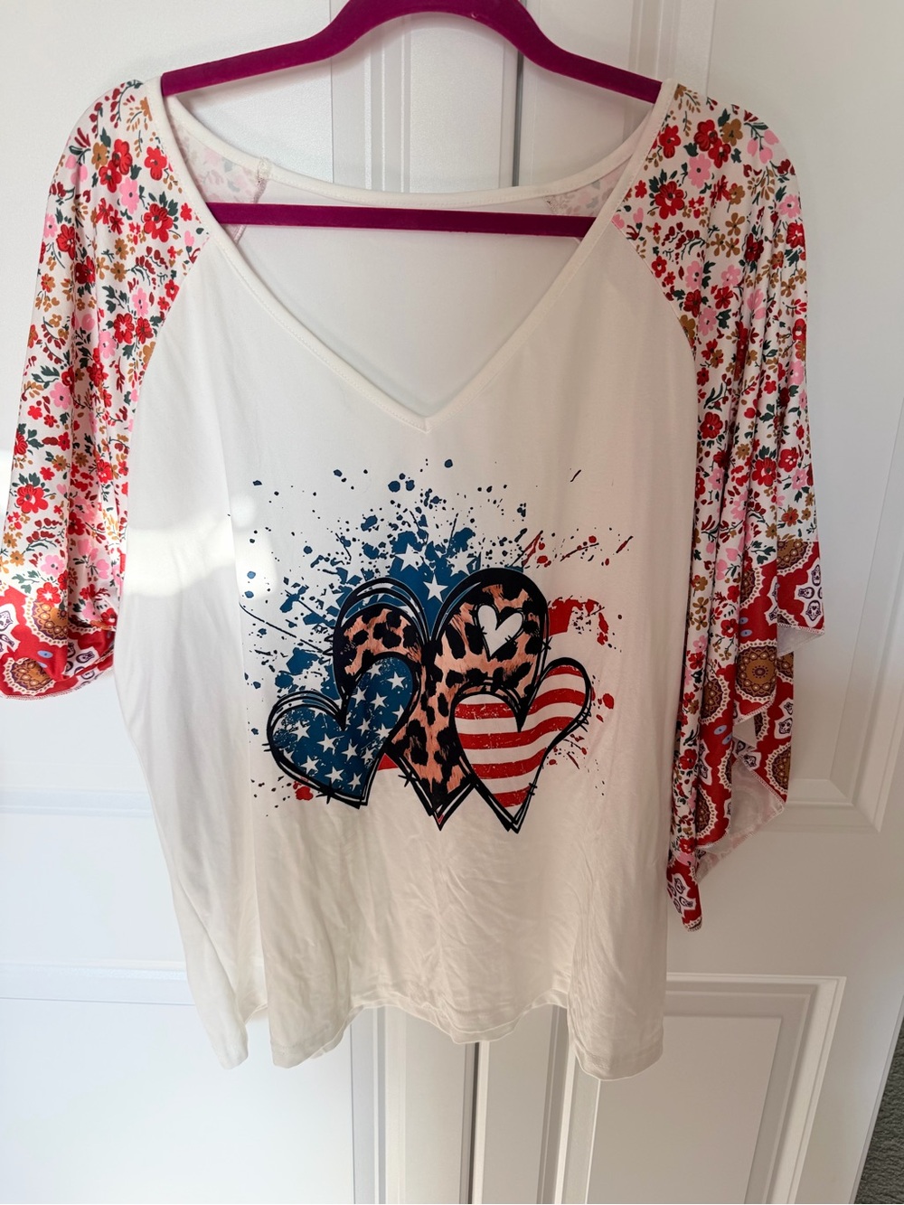 Women's Cream V-Neck Raglan Top with Patriotic Heart Print